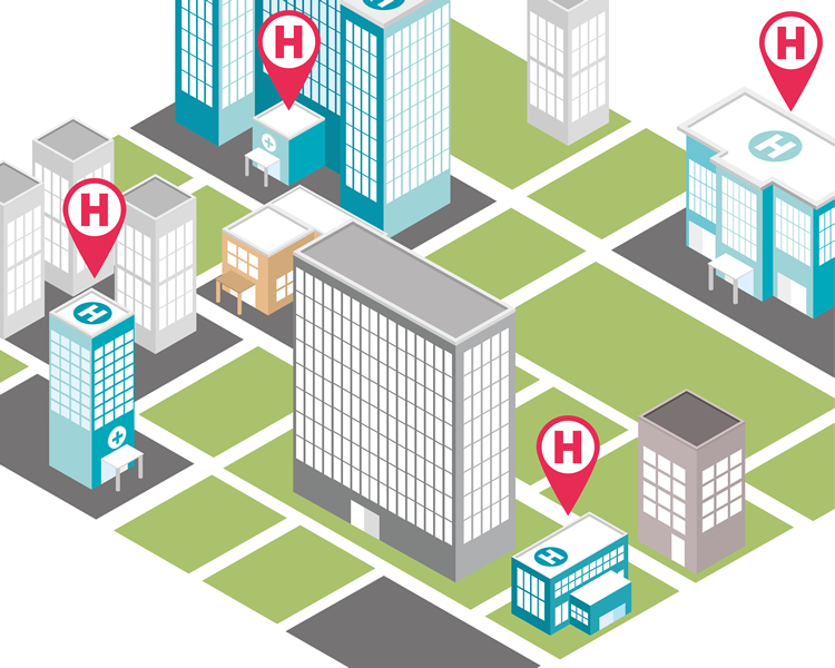 isometric city map hospitals