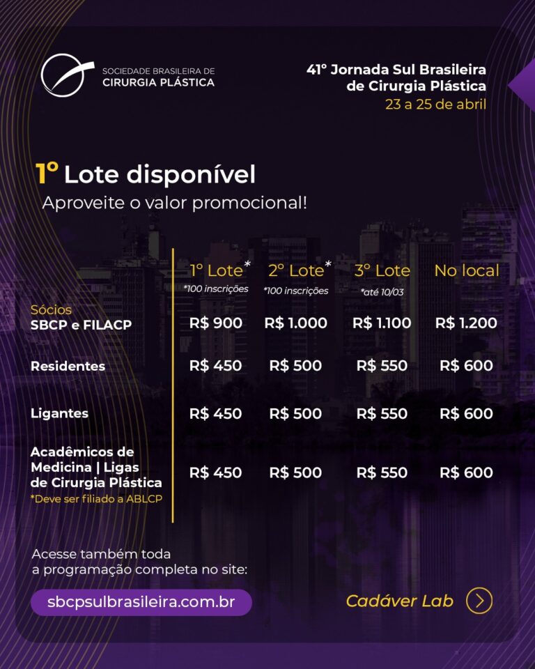 As inscrições para a 41ª Jornada Sul Brasileira de Cirurgia Plástica já estão abertas. Aproveite (1)